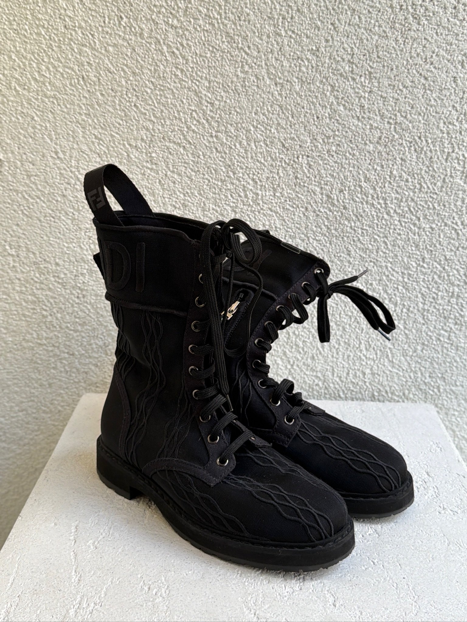 Fendi Mesh Canvas Embroidered Womens Lace Up Boots - Image 2