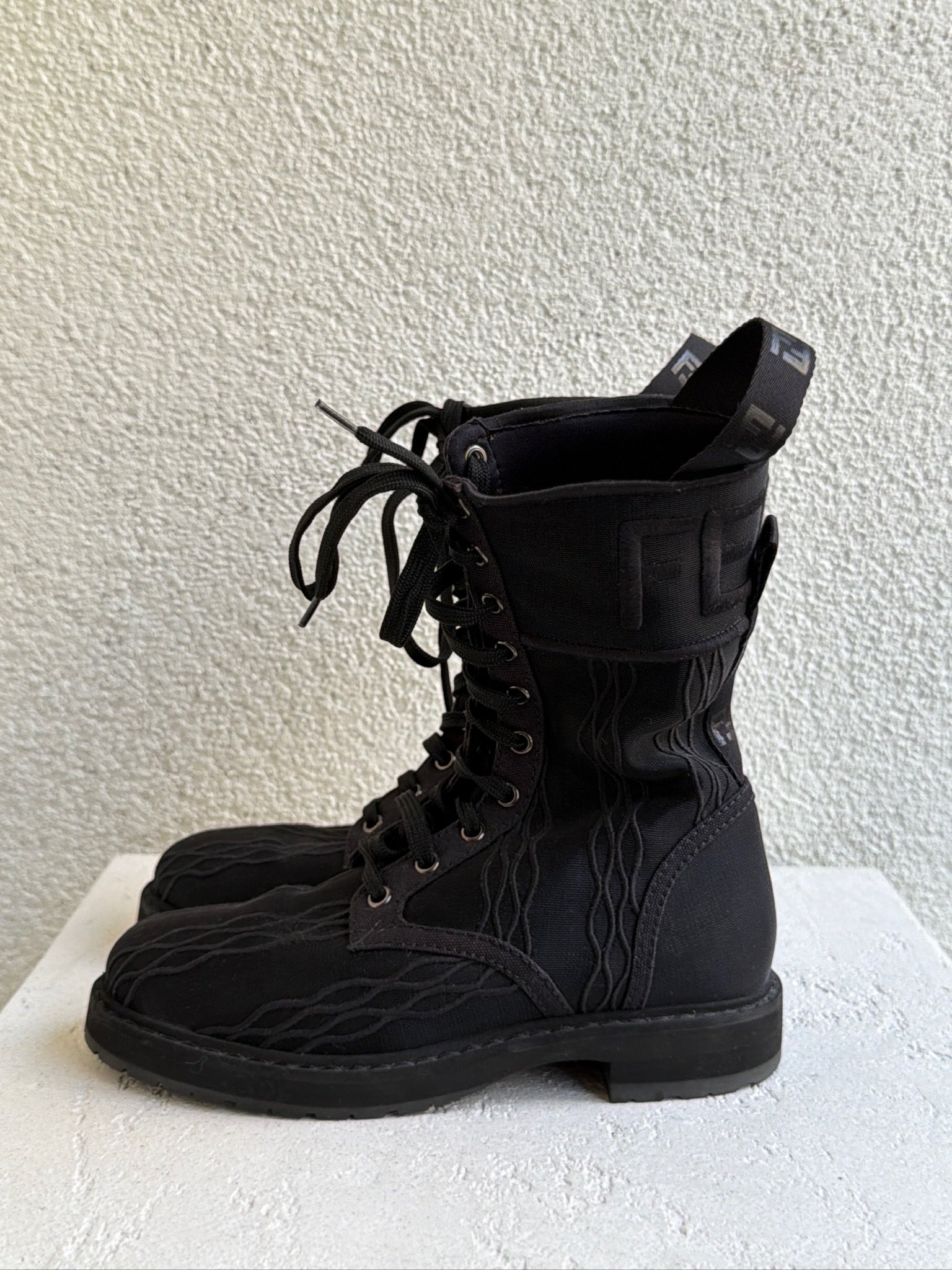 Fendi Mesh Canvas Embroidered Womens Lace Up Boots - Image 4