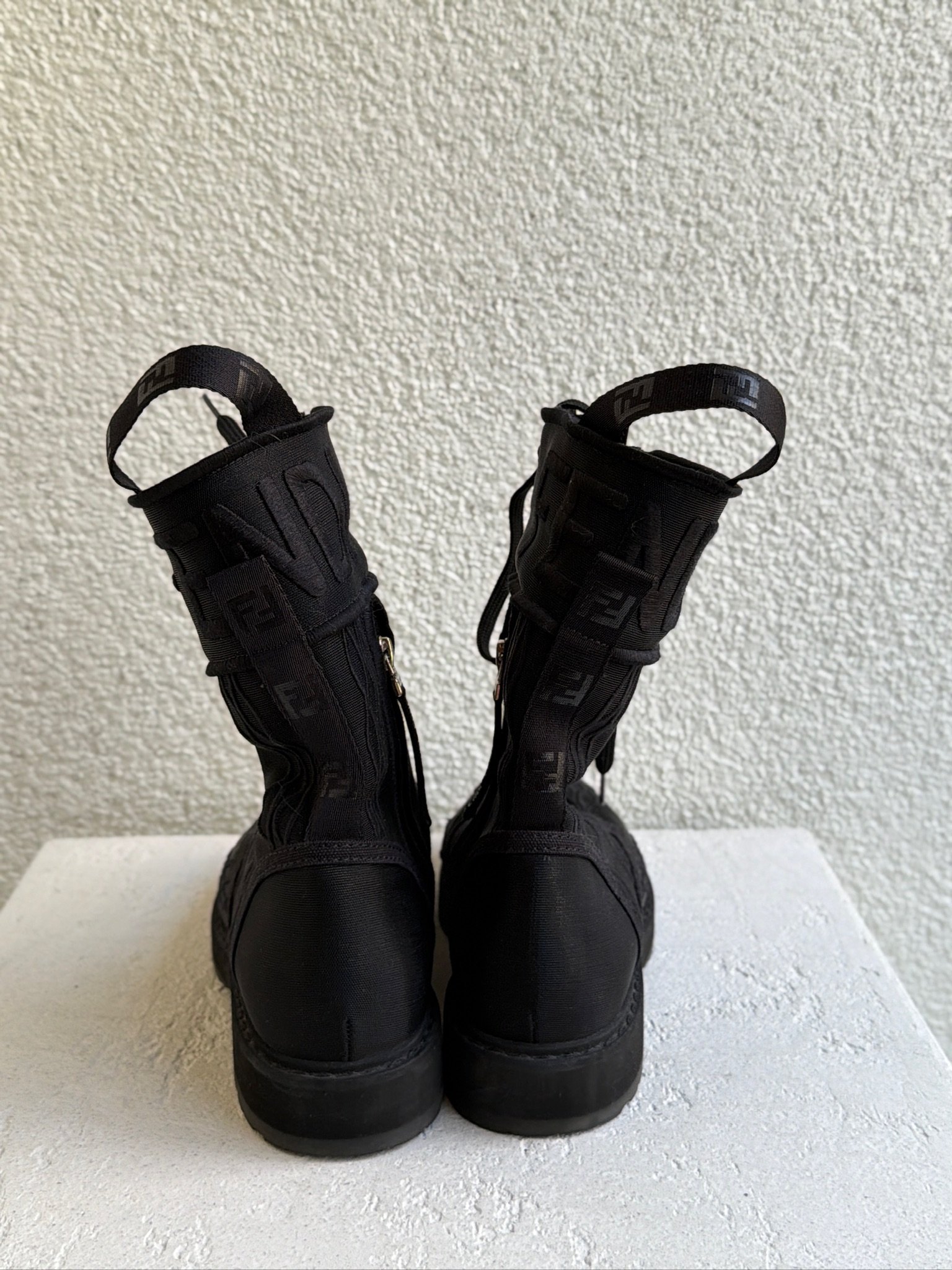 Fendi Mesh Canvas Embroidered Womens Lace Up Boots - Image 5