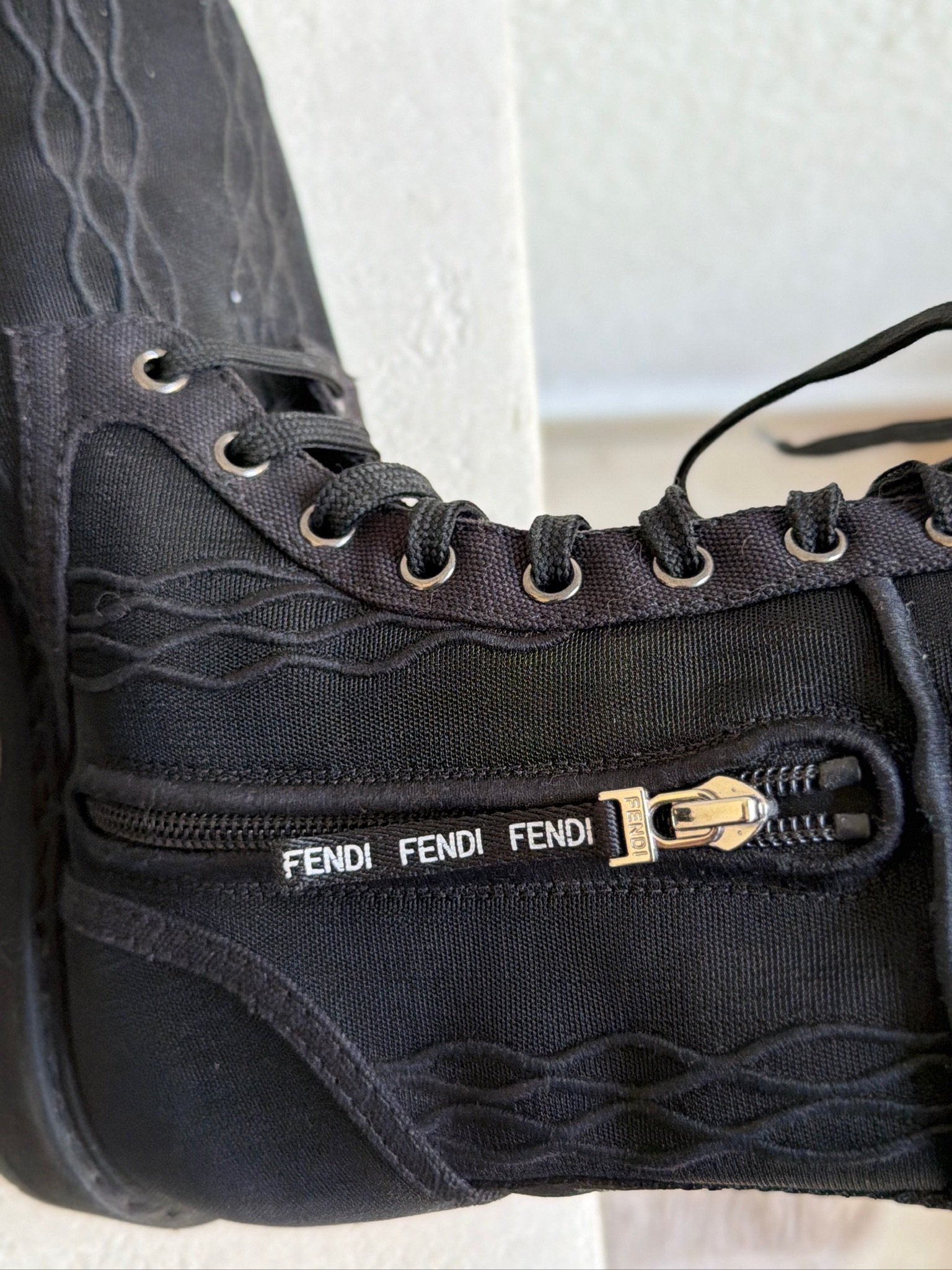 Fendi Mesh Canvas Embroidered Womens Lace Up Boots - Image 8