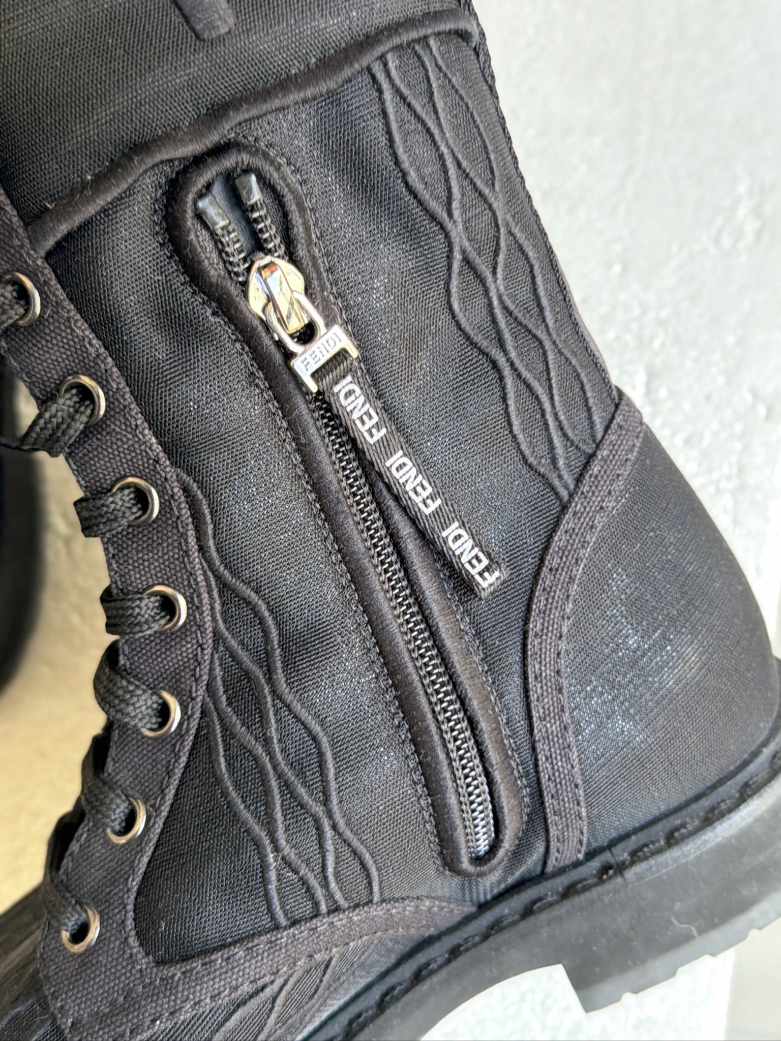 Fendi Mesh Canvas Embroidered Womens Lace Up Boots - Image 9