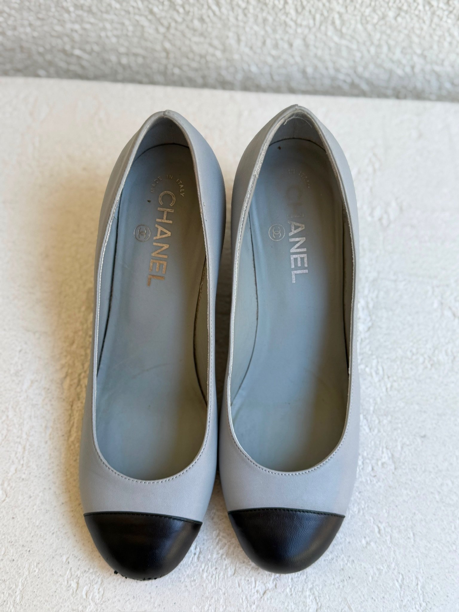 Chanel Black Toe Grey Leather Wedge Heels - Görsel 12