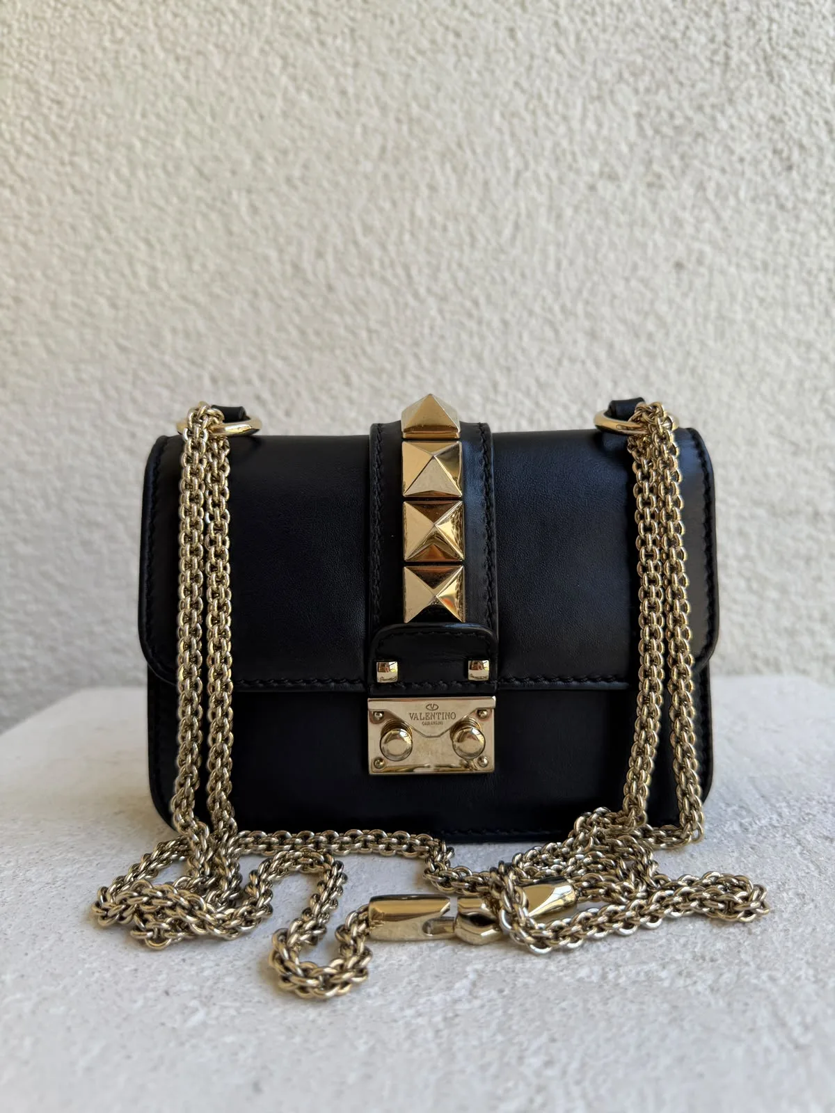 Valentino Black Leather Mini Rockstud Glam Lock Flap Bag
