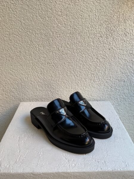 Prada Spazzolato Metal Triangle Logo Loafer Mules