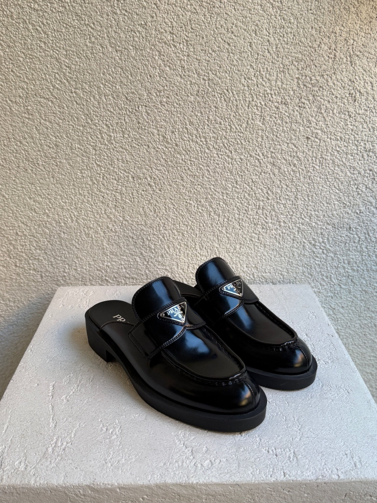 Prada Spazzolato Metal Triangle Logo Loafer Mules - Image 11