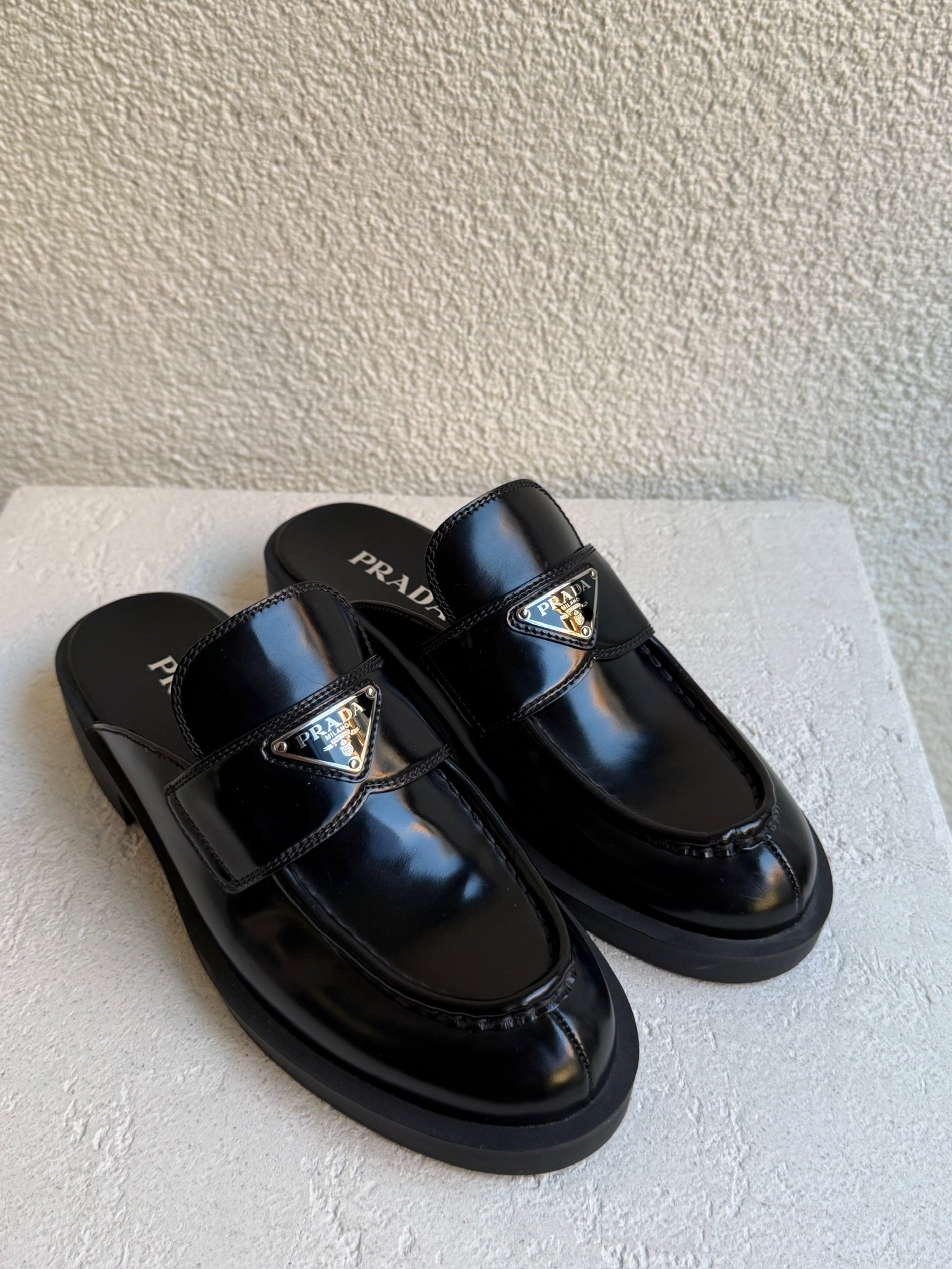 Prada Spazzolato Metal Triangle Logo Loafer Mules - Image 6