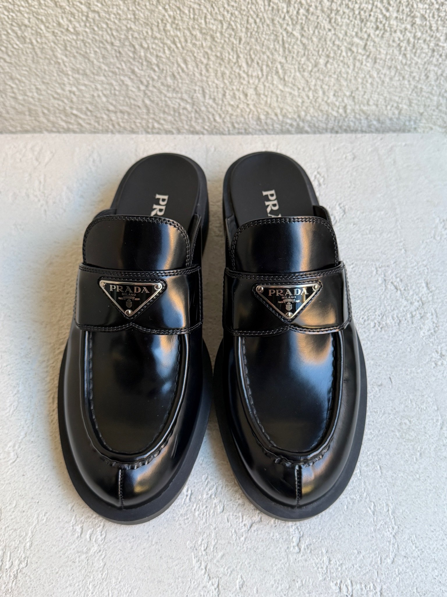 Prada Spazzolato Metal Triangle Logo Loafer Mules - Image 5