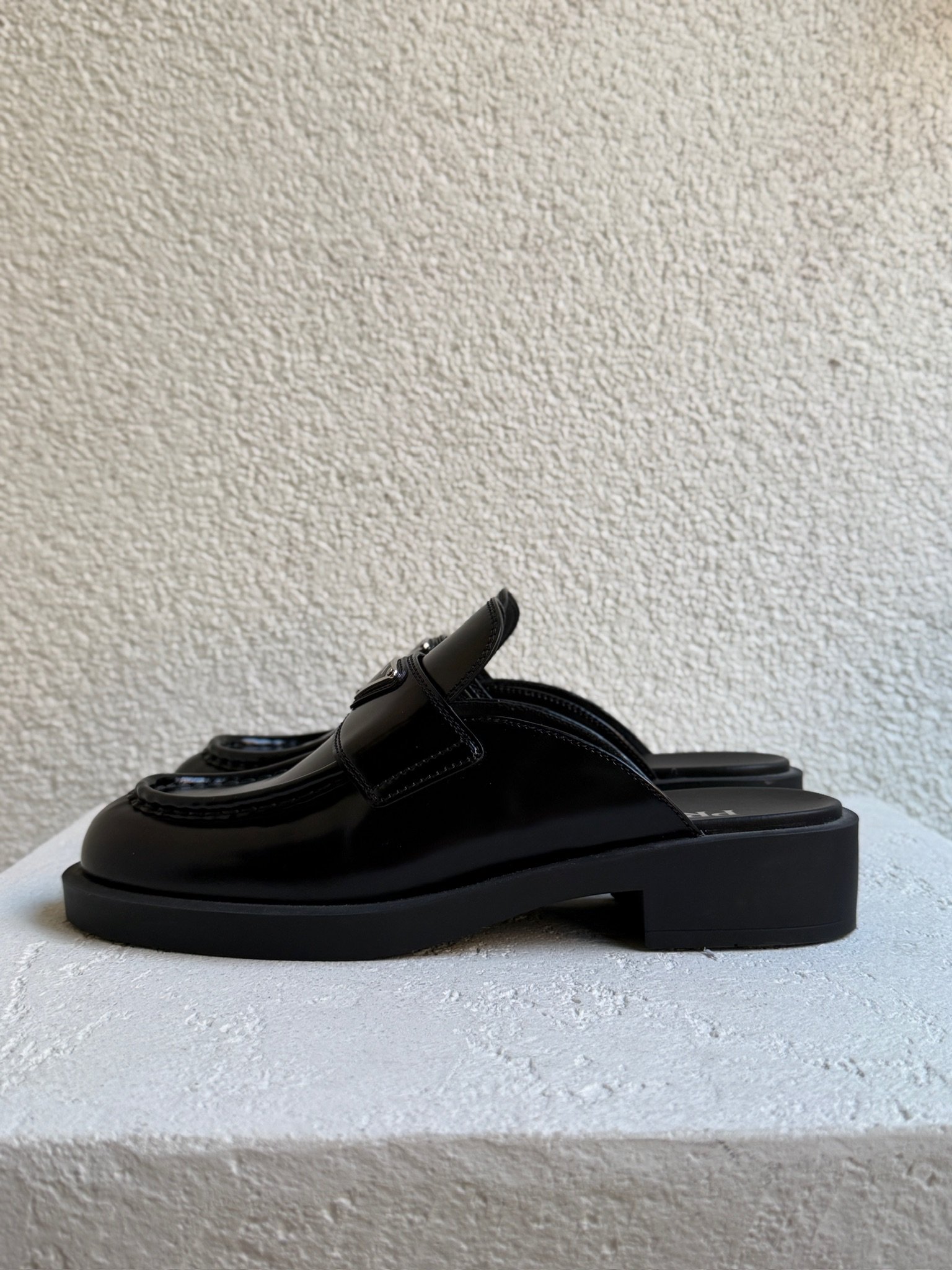 Prada Spazzolato Metal Triangle Logo Loafer Mules - Image 9