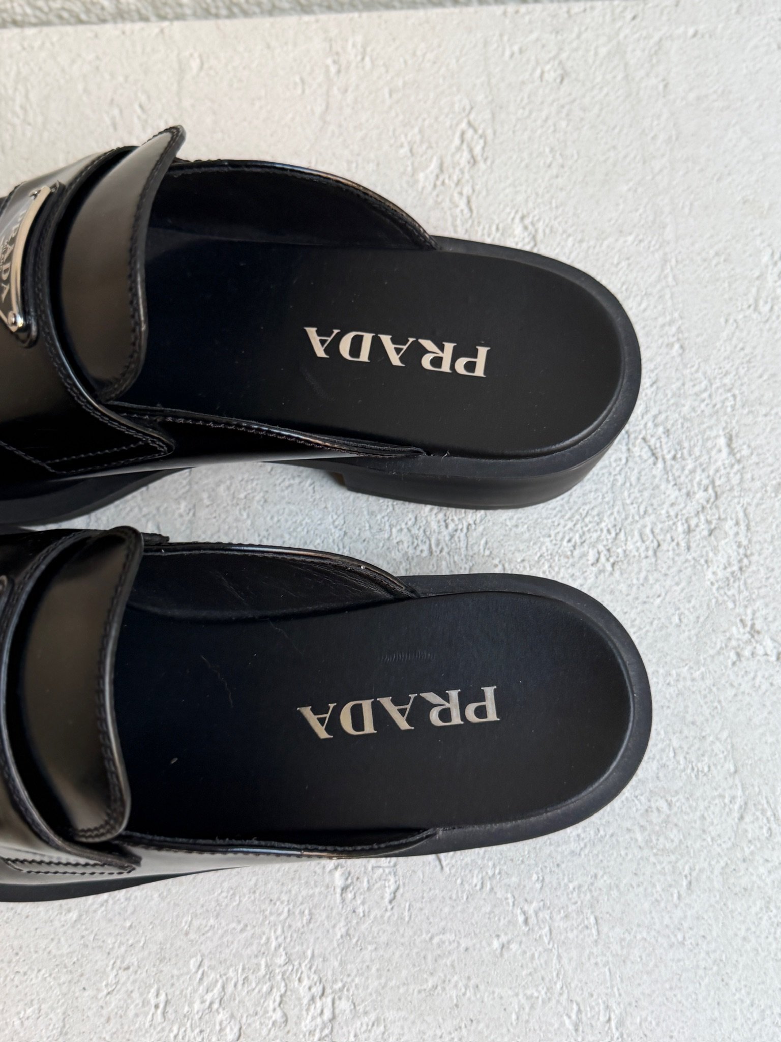 Prada Spazzolato Metal Triangle Logo Loafer Mules - Image 7