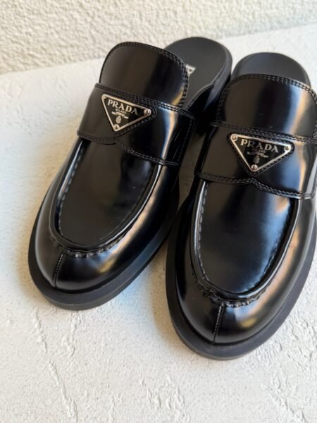 Prada Spazzolato Metal Triangle Logo Loafer Mules