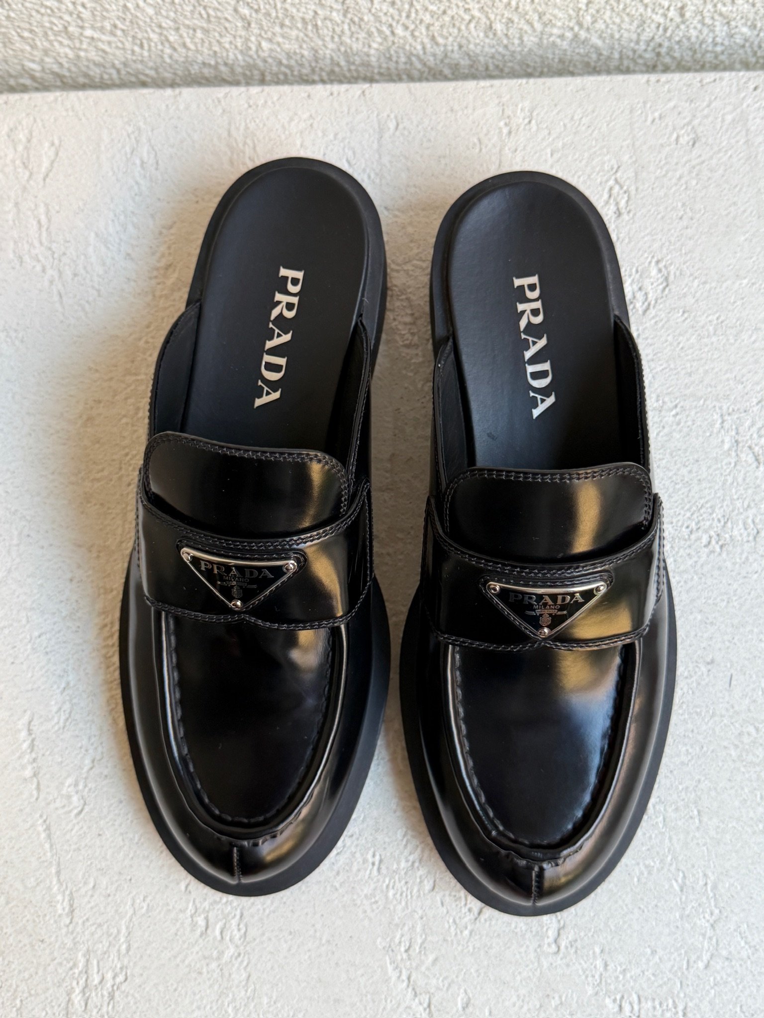 Prada Spazzolato Metal Triangle Logo Loafer Mules - Image 3