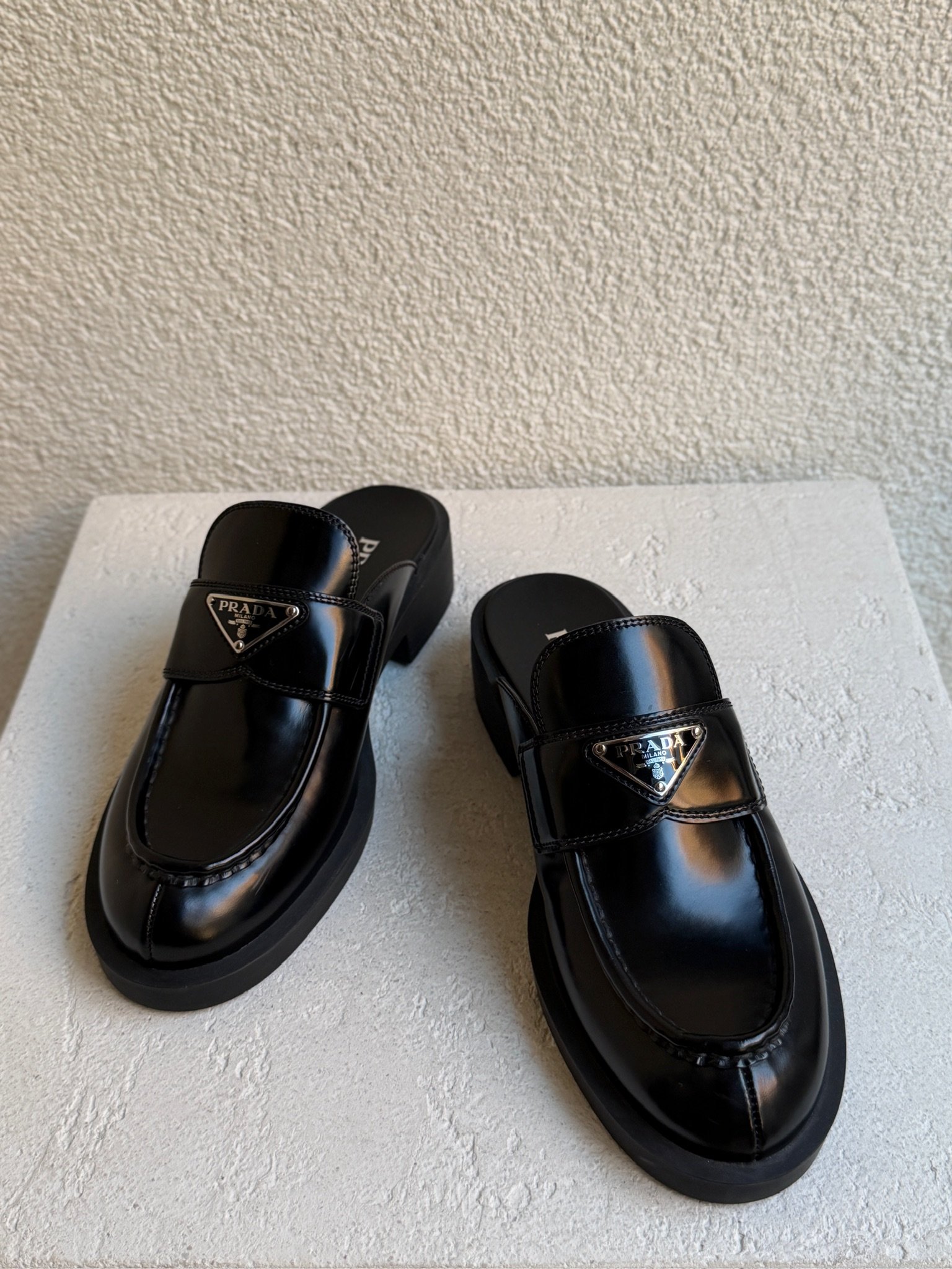 Prada Spazzolato Metal Triangle Logo Loafer Mules - Image 2