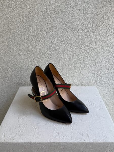 Gucci Sylvie Web Stripe Black Leather Mary Jane Pumps