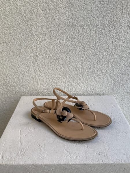 Chanel Camellia CC Beige Leather Thong Slingback Sandals
