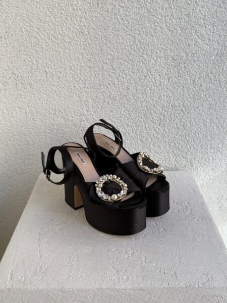 Miu Miu Black Satin Crystal Embellished Block Heel Ankle Strap Platform Sandals