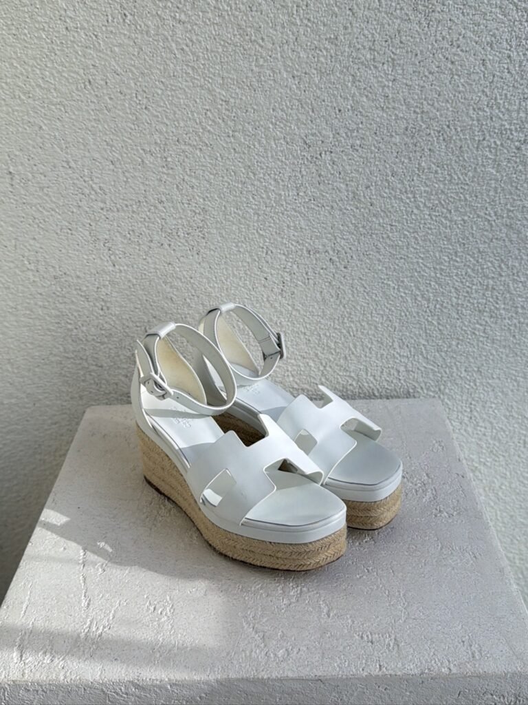 Hermès Elda White Leather Espadrille Wedge Sandals