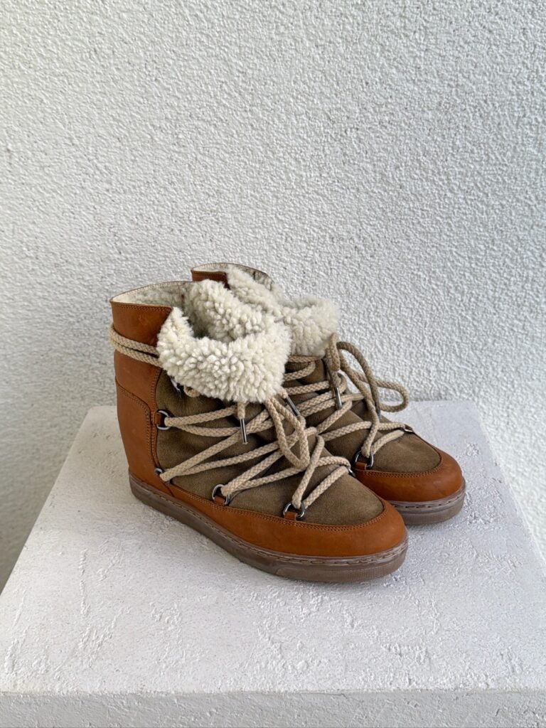Isabel Marant Nowles Cognac Shearling-Trimmed Wedge Boots