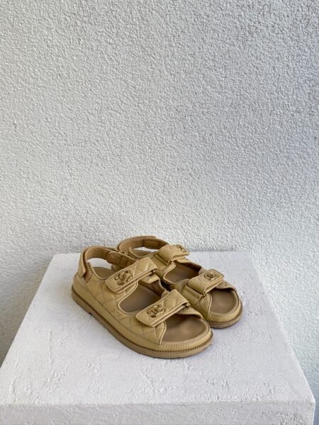 Chanel Crumpled Shiny Lambskin Velcro Dad Sandals Beige