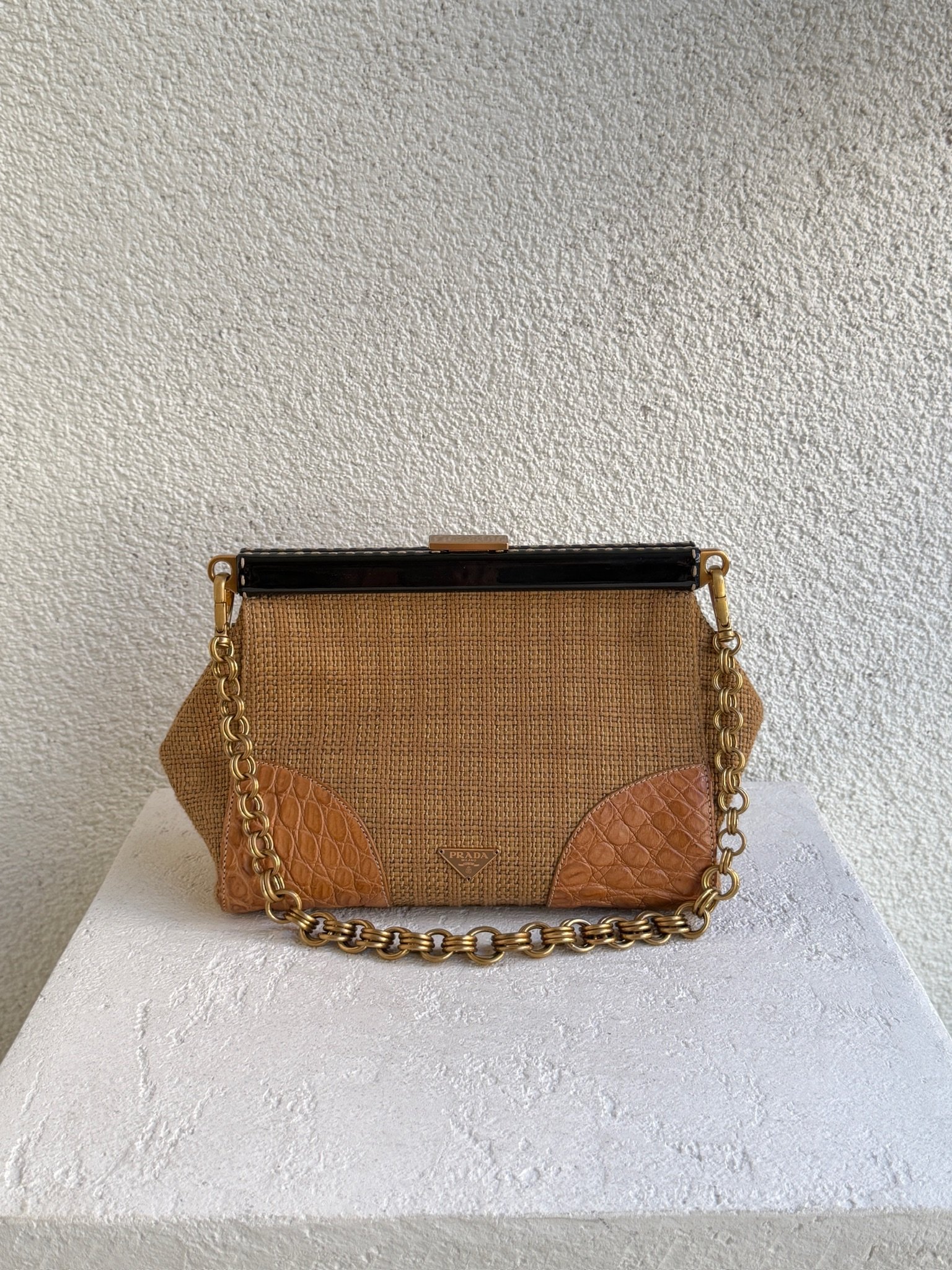 Prada Woven Paglia Cinghiale Chain Omuz Çantası