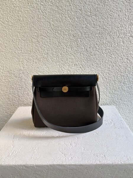 Hermès Herbag Zip 20 Brown Canvas and Black Leather Bag
