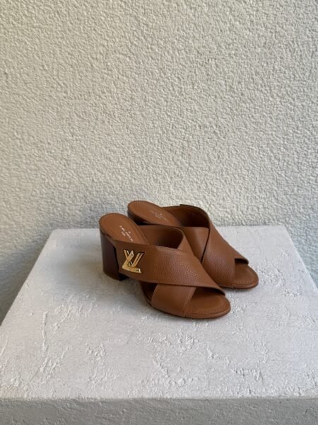 Louis Vuitton Brown Leather LV Logo Mules