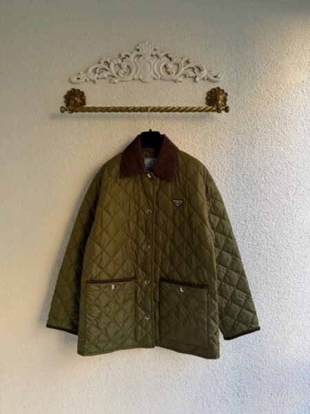 Prada Quilted Nylon Jacket with Corduroy Collar – Khaki