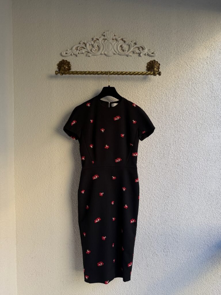 Victoria Beckham Black & Red Floral Print Midi Dress